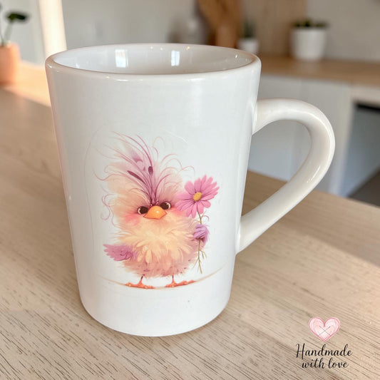 white ceramic mug with cute purple bird and flower