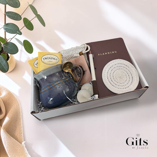 notebook gift with decorative mug, coaster, tea handmade soap, pen, tea light candles and soap saver bag