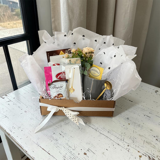 unique pretty gift basket with mug heart locket necklace and candy