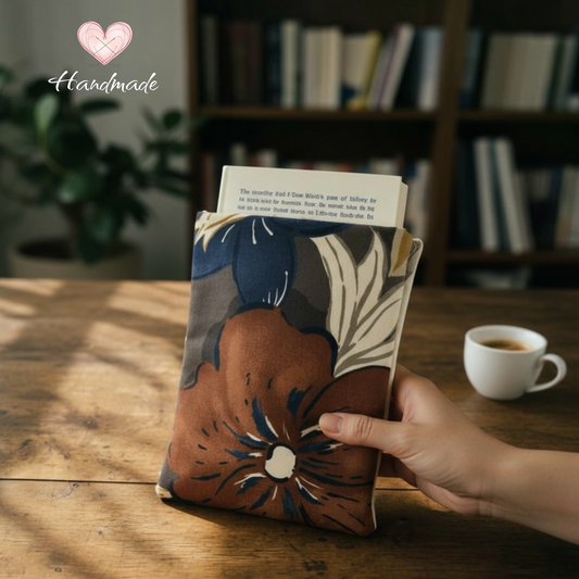 handmade Fabric book sleeve deep cognac color tones bold floral pattern