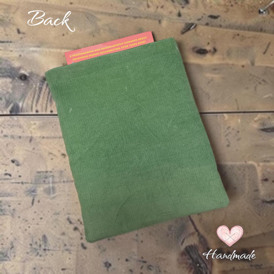 book sleeve green corduroy fabric back with purple flower fabric front handmade in Windsor