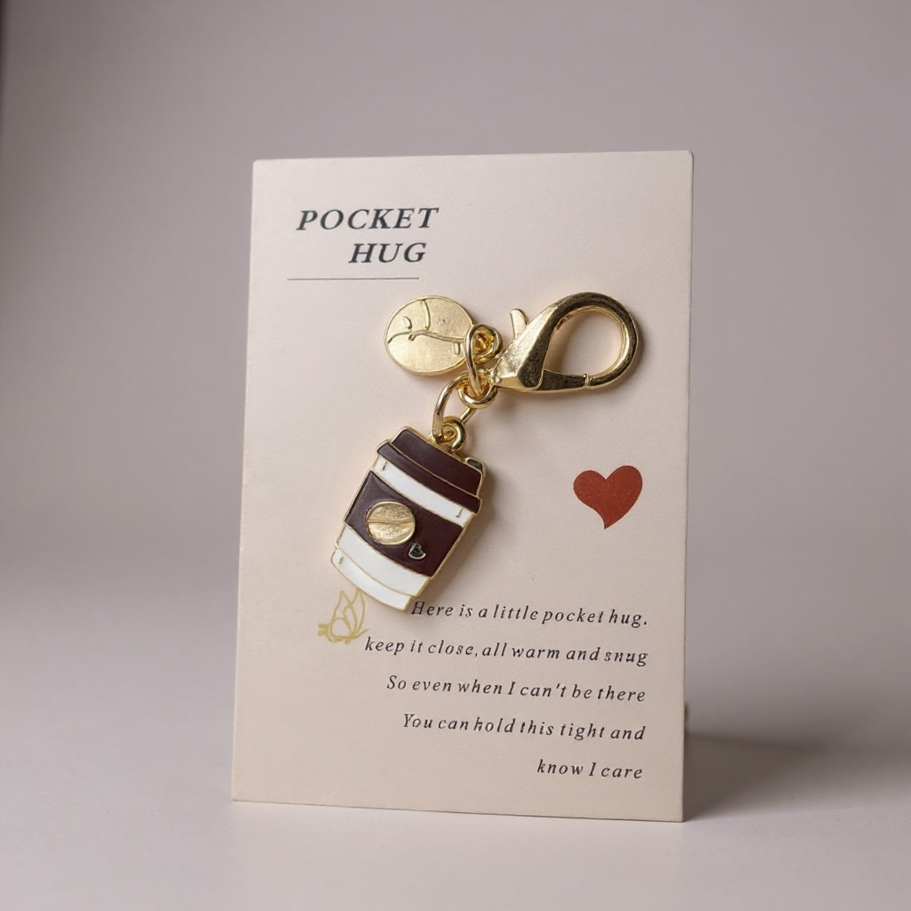 Pocket hug keychain with a card , coffee theme Pocket hug, Pocket hug in Windsor Ontario, coffee cup and coffee bean