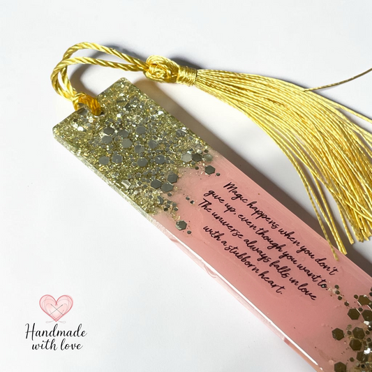 handmade pink gold resin bookmark