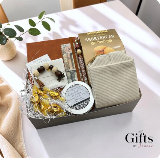boxed gift set with notebook pen snacks candle pouch bookmark and gratitude beads