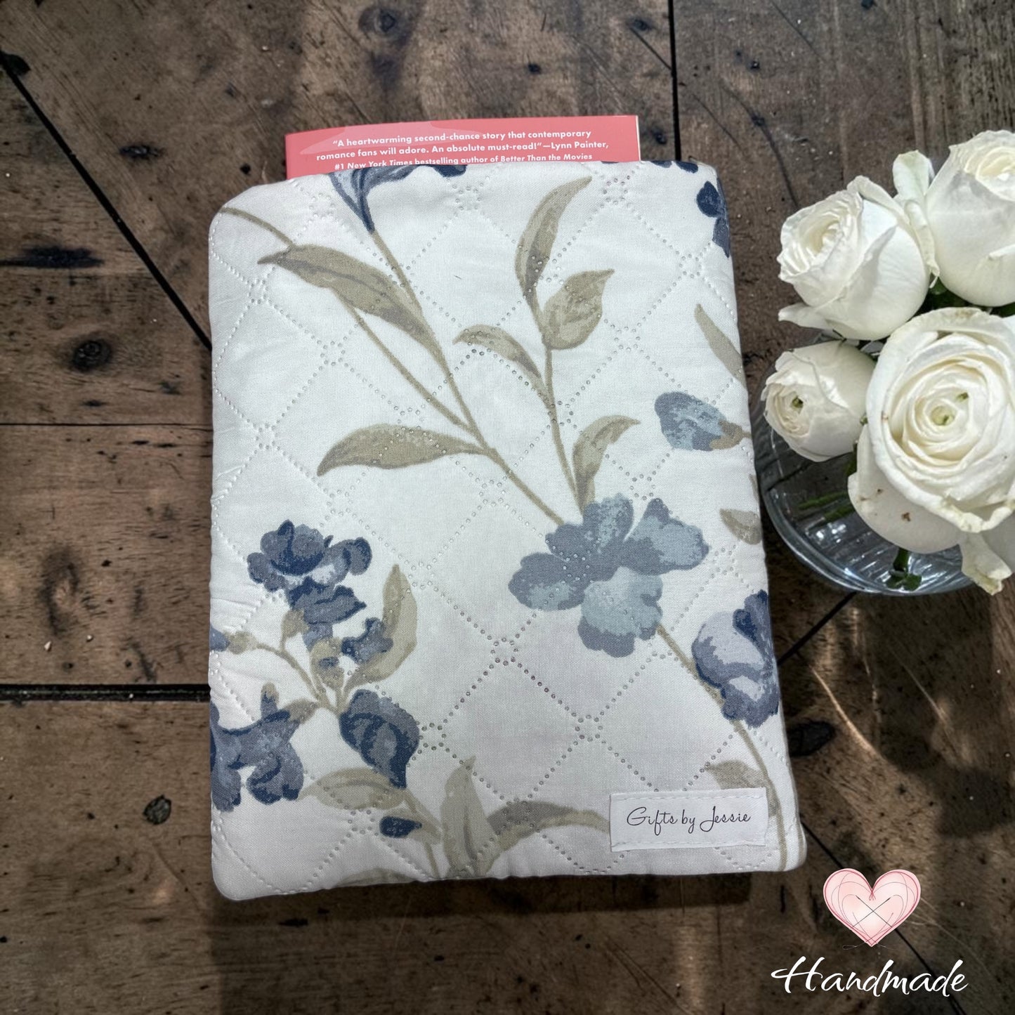 handmade book sleeve blue floral made in Windsor Ontario