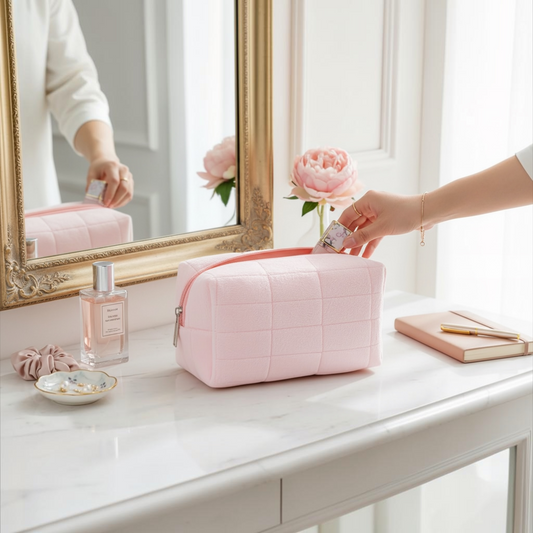 Pink fabric cosmetic zipper poucg