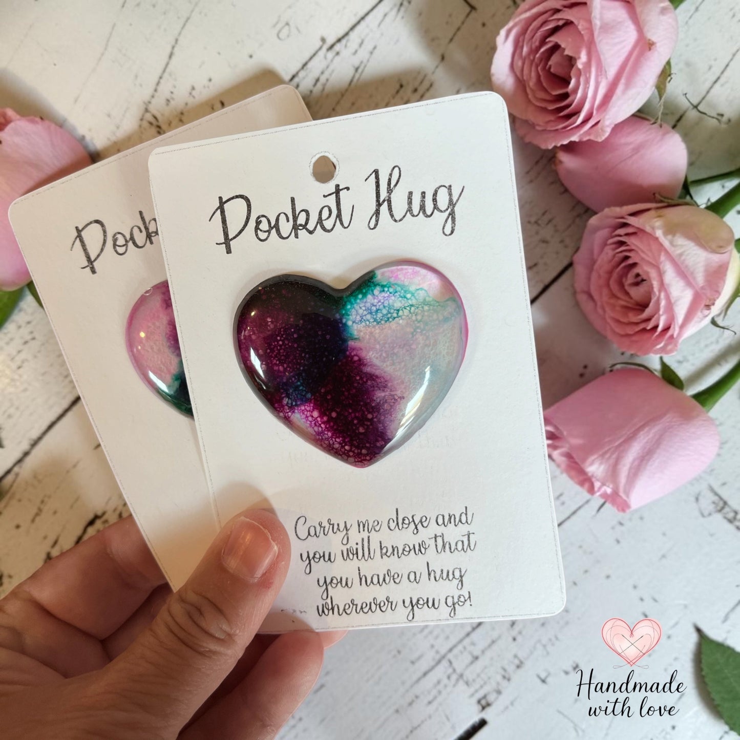 pink and green resin heart shaped handmade pocket hug