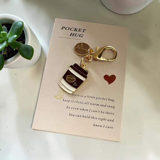 Pocket hug keychain with a card , coffee theme Pocket hug, Pocket hug in Windsor Ontario, coffee cup and coffee bean
