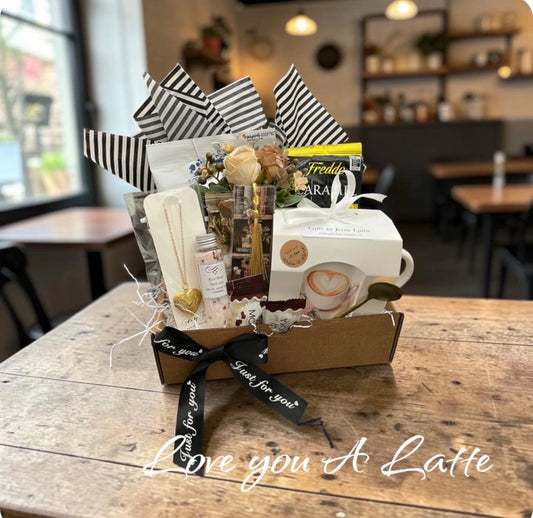 unique gift basket with handmade mug snacks, necklace and bath salt