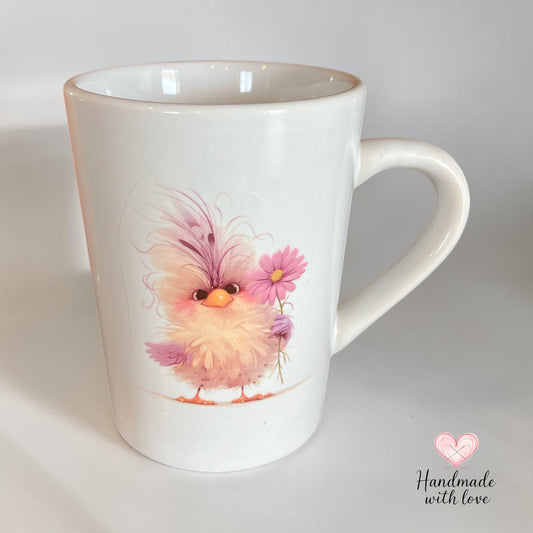 white ceramic mug with cute purple bird and flower