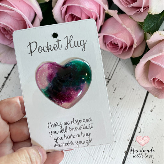 pink and green resin heart shaped handmade pocket hug