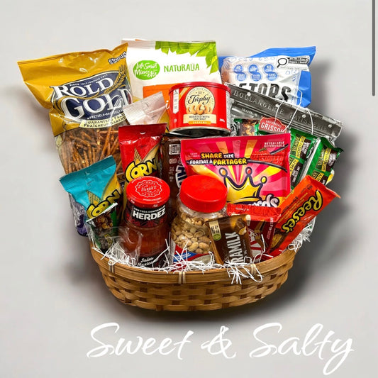 Snack basket in windsor Ontario, sweet and salty snacks nuts chocolate pretzels candy