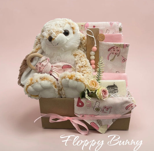 Gift basket with plush toy, baby blankets, and flowers on a pink background, local delivery Windsor Ontario, shipping in Ontario