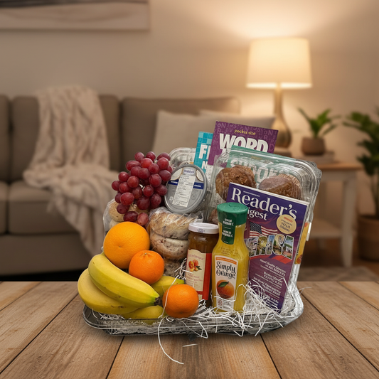 get well soon recovery basket with fruit and food, magazines and puzzle books, local delivery or pick up in Windsor Ontario
