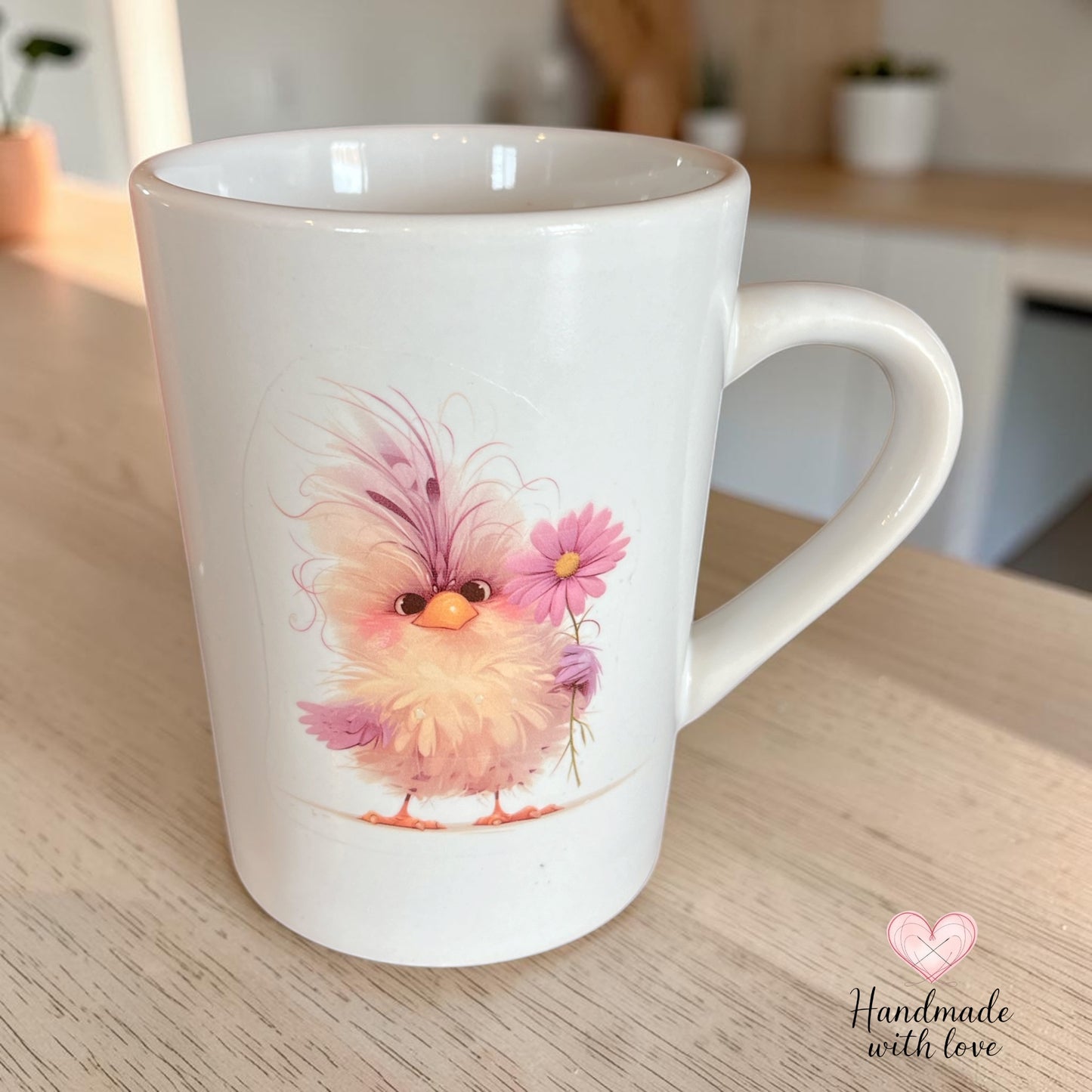 white ceramic mug with cute purple bird and flower