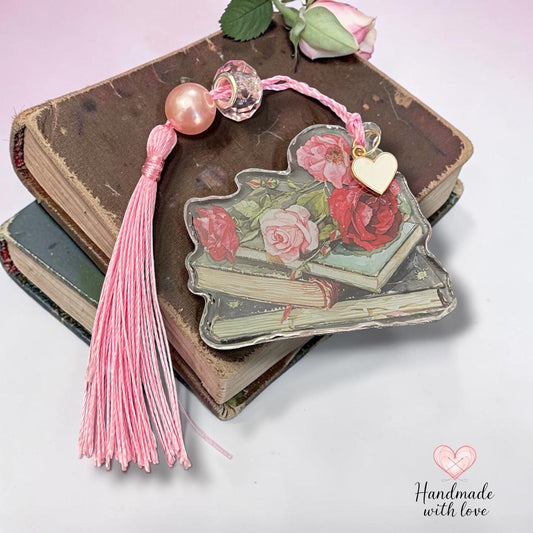 Bookmark - Handmade - Romantic Books & Flowers