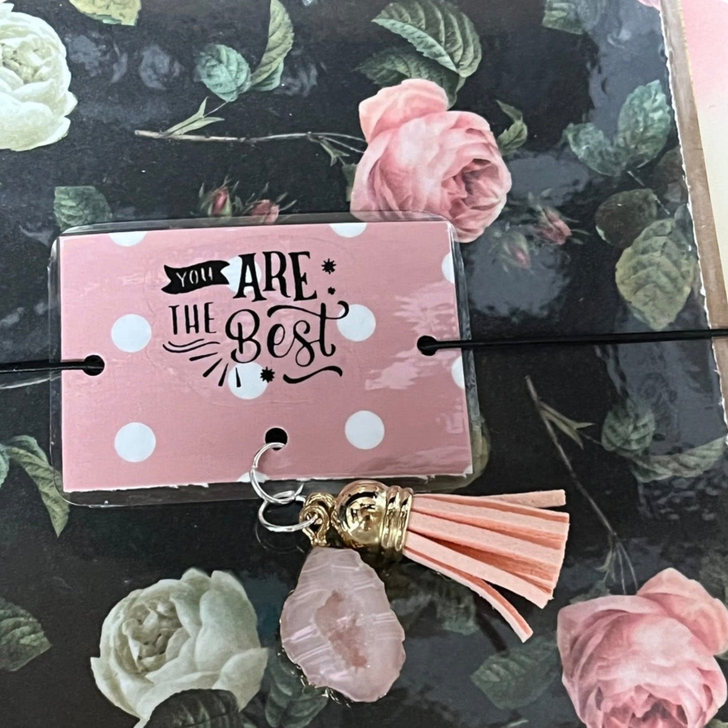 handmade notebook rose theme you are the best tag with stone charm and tassel