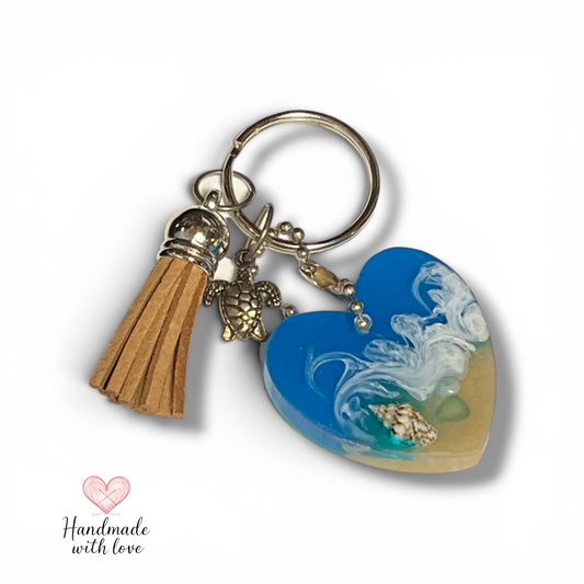 heart shaped resin keychain beach theme real ocean look with seashell tassel and sea turtle charm