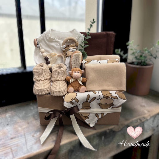 baby gift basket monkey theme neutral brown and ivory colors
