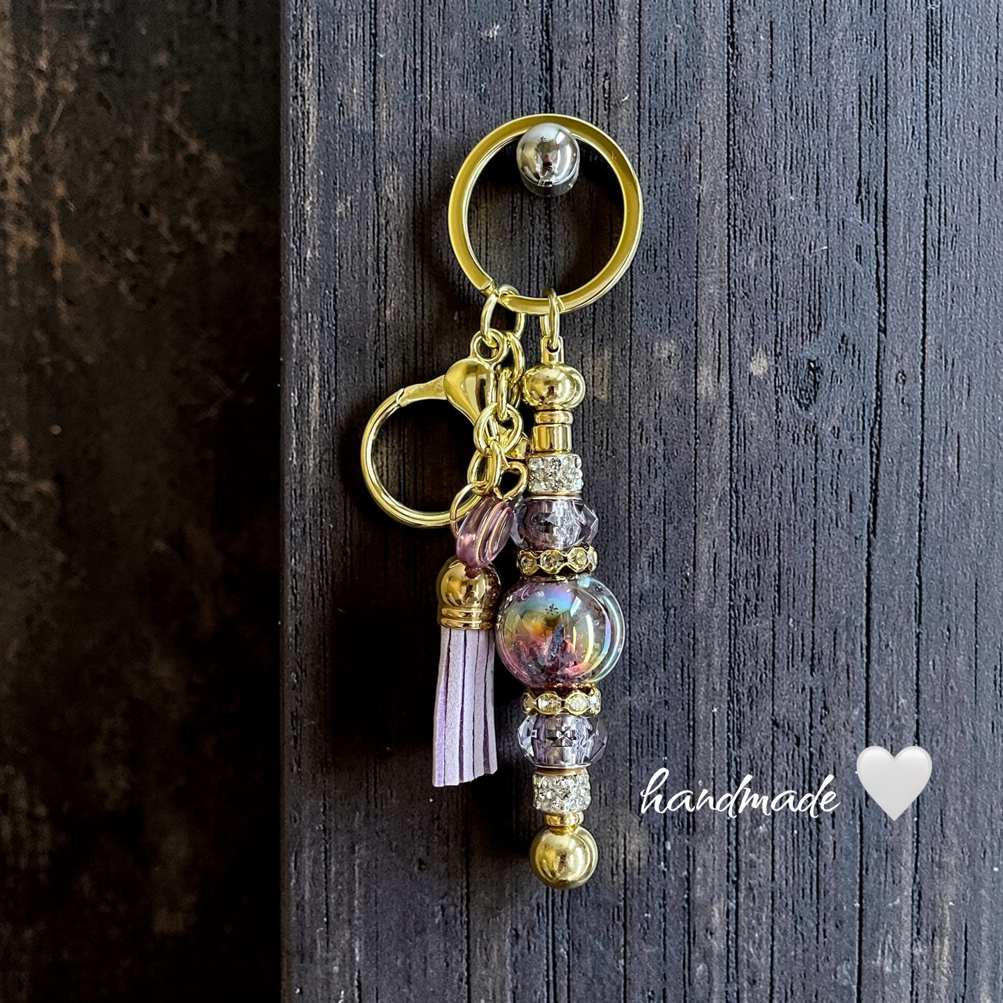 handmade lavender gold glass bead keychain