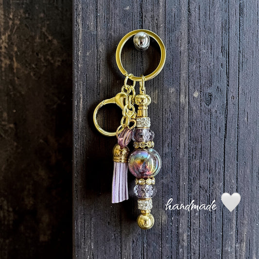 handmade lavender gold glass bead keychain