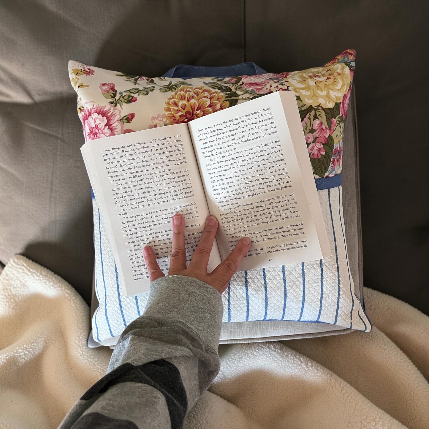 Handmade reading pillow Devine and floral pattern made in Windsor 