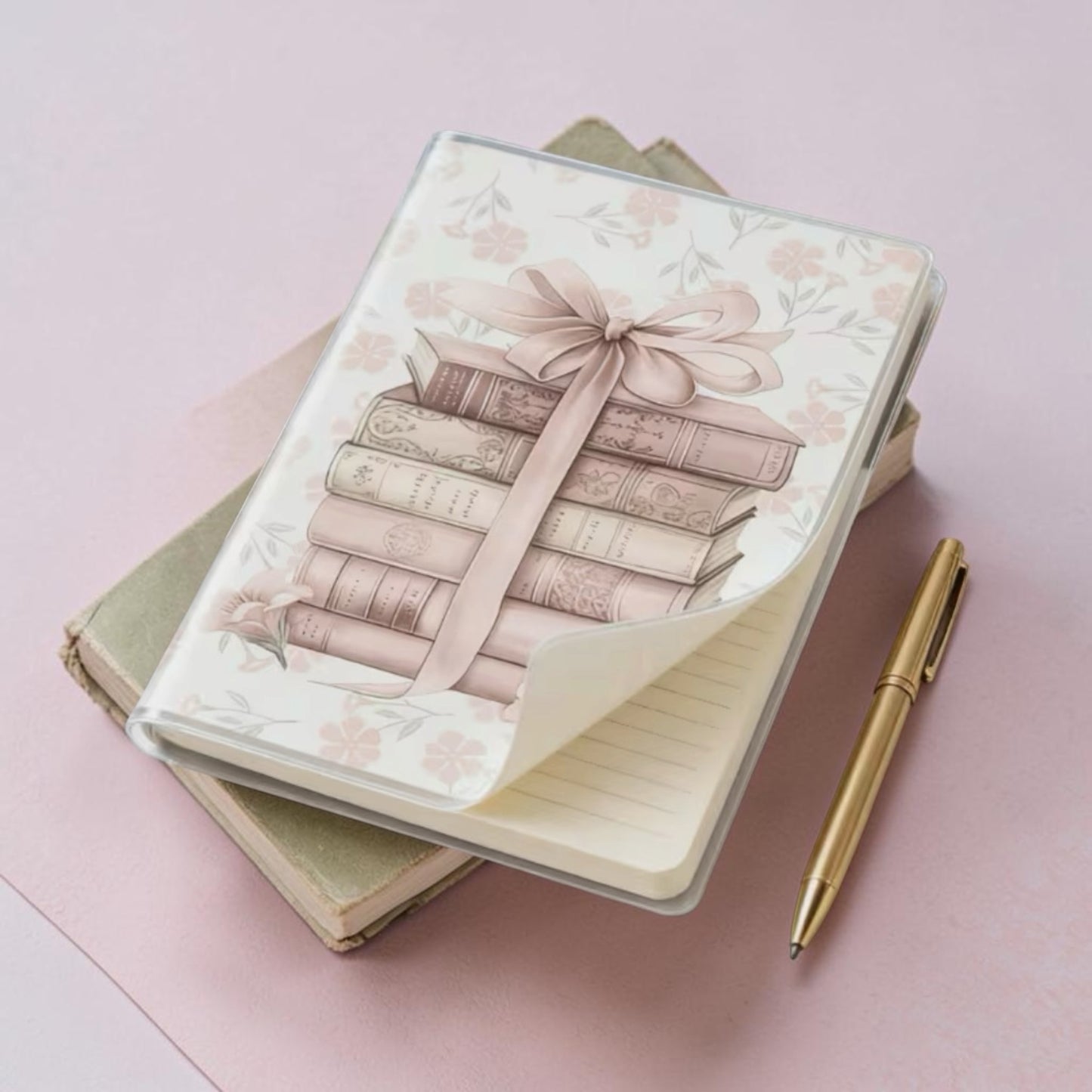 lined notebook A5 size with pink books and bow graphic on cover