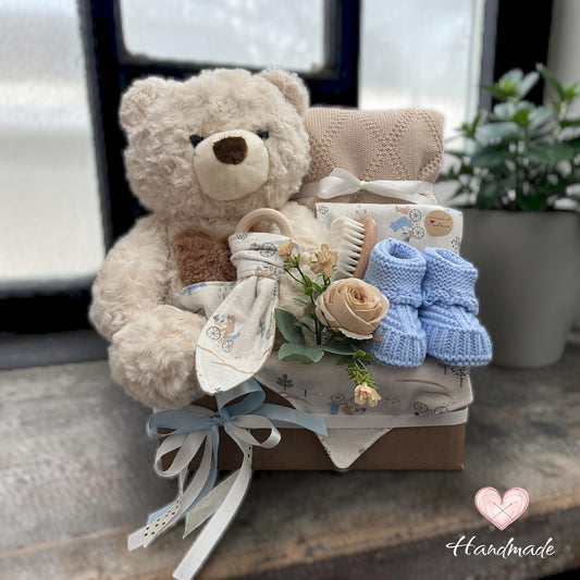 baby gift basket premium plush teddy bear tan knit blanket blue baby booties