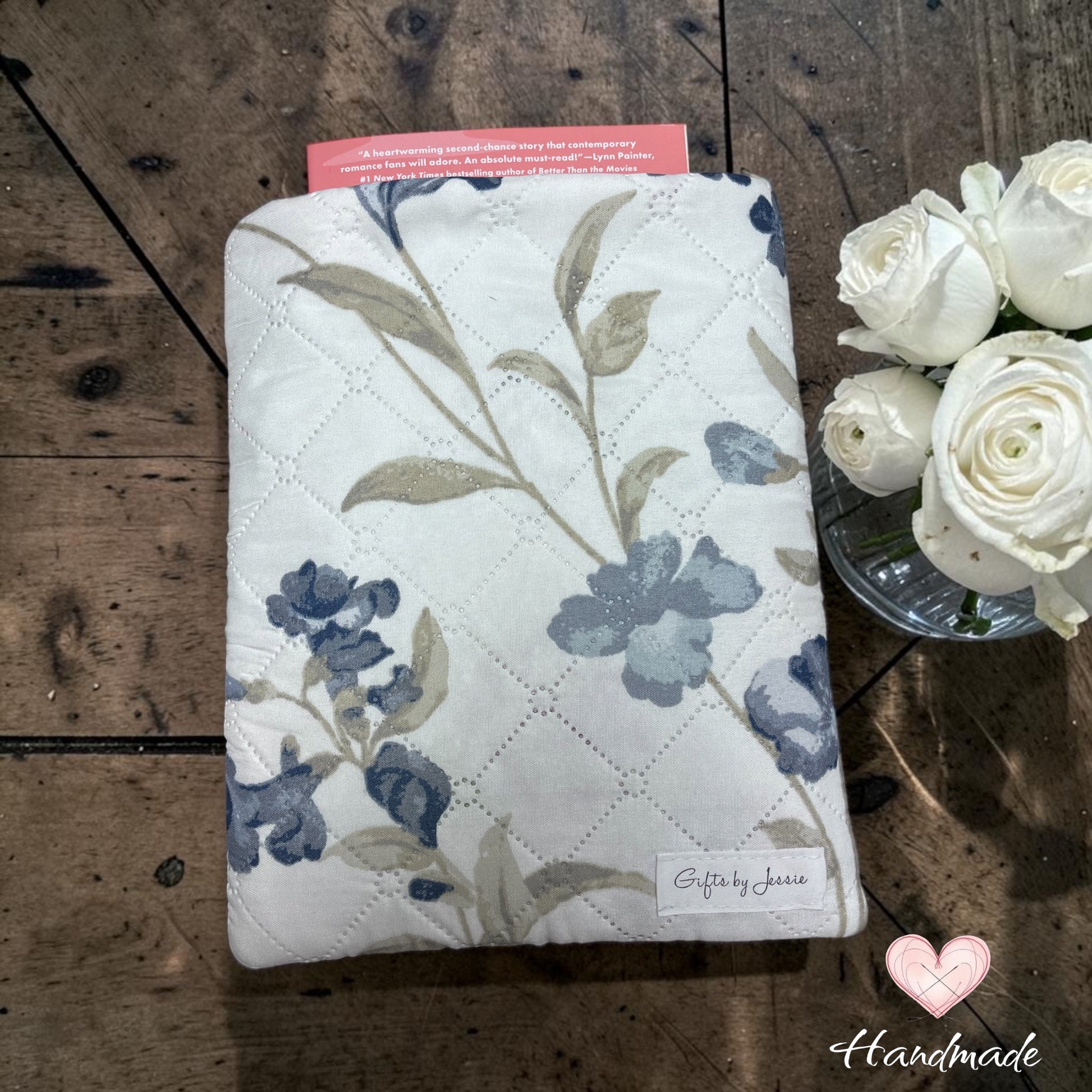 handmade book sleeve blue floral made in Windsor Ontario 