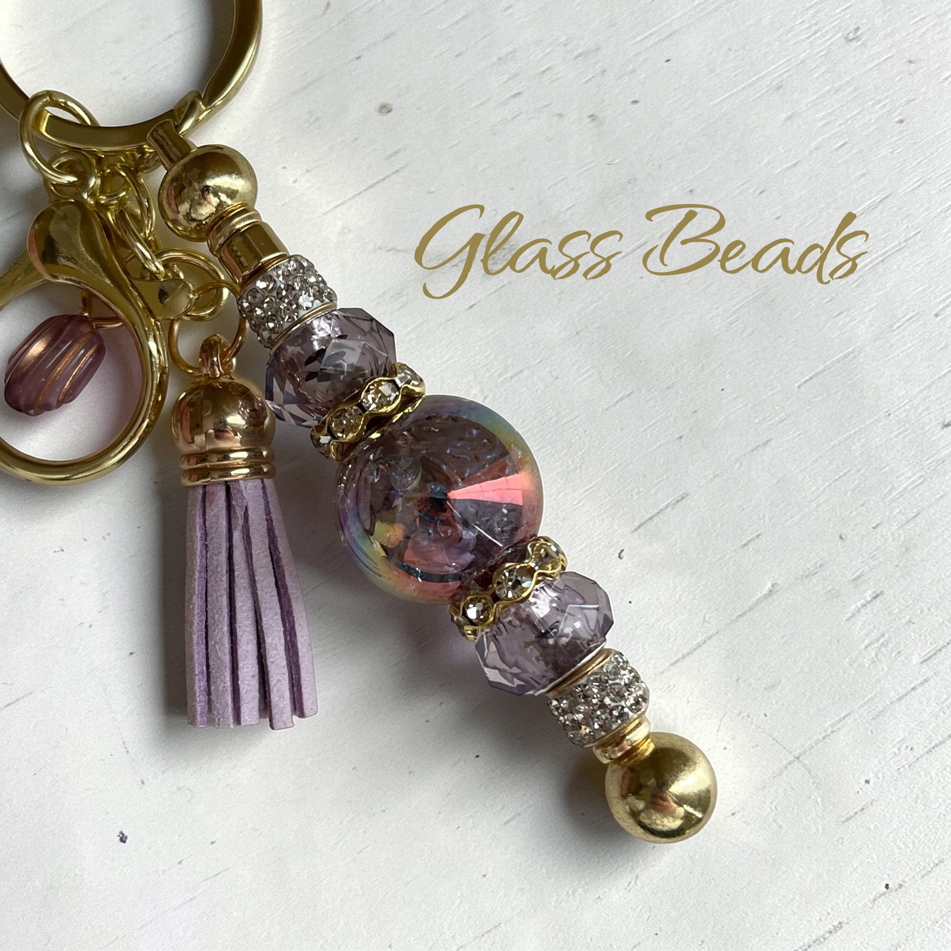 handmade lavender gold glass bead keychain