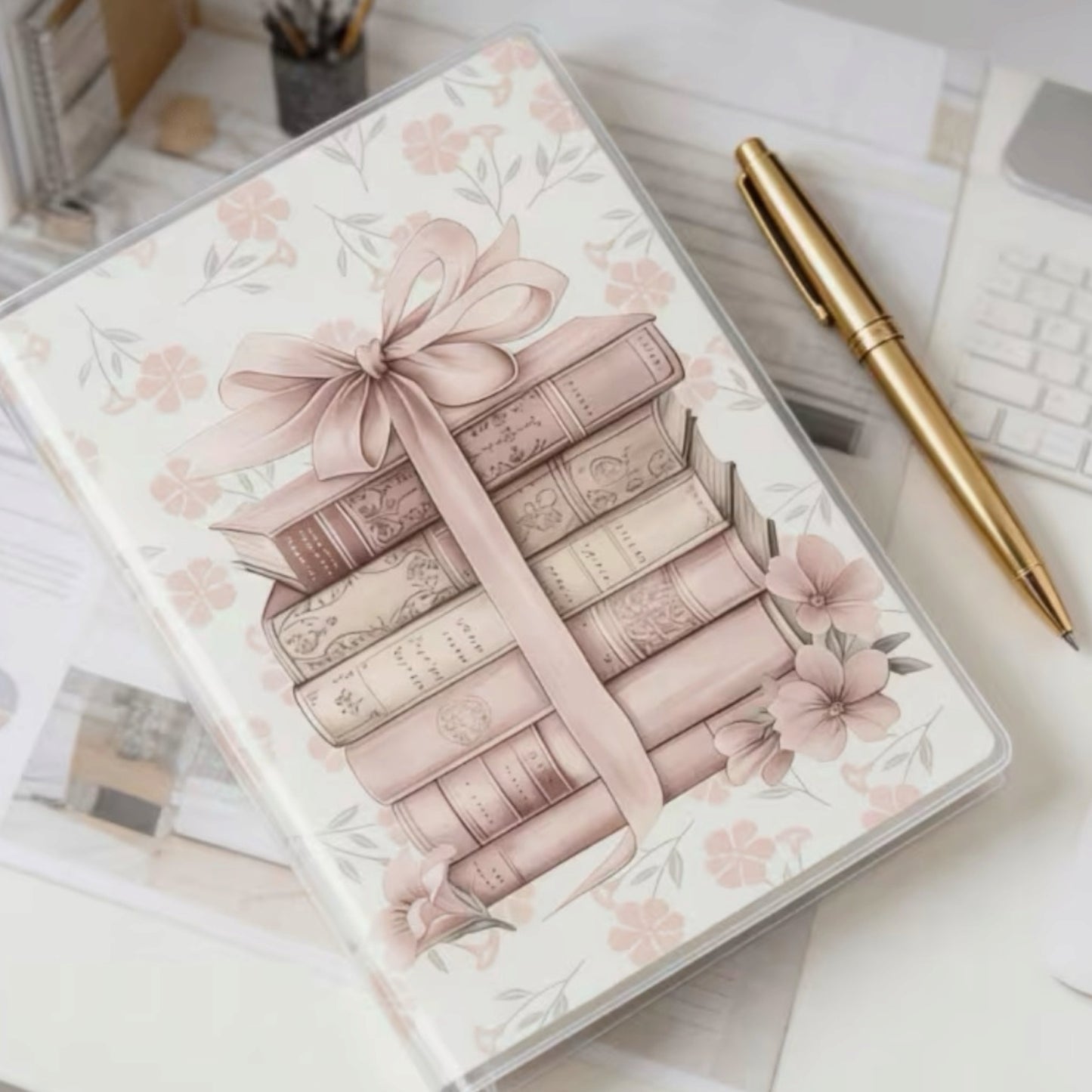 lined notebook A5 size with pink books and bow graphic on cover