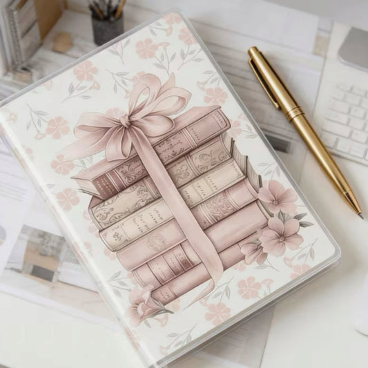lined notebook A5 size with pink books and bow graphic on cover
