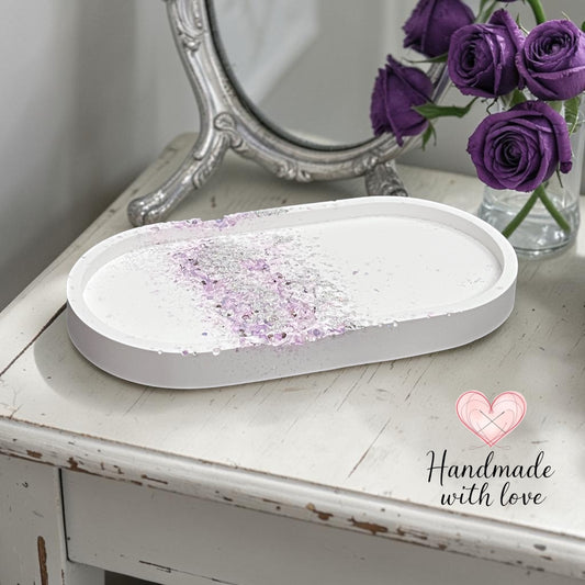 eco resin plaster Trinket tray oval shape with purple gemstone accents