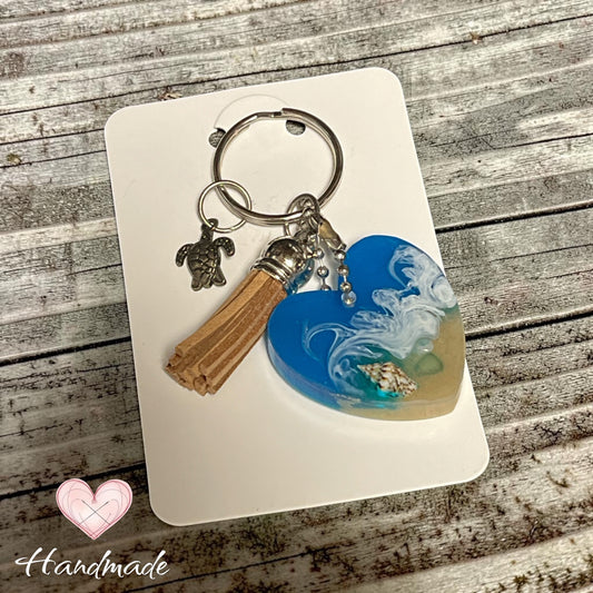 heart shaped resin keychain beach theme real ocean look with seashell 