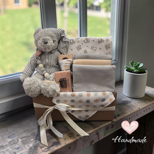 premium unique baby gift with teddy and baby items grey and cream neutral colors