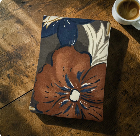 handmade Fabric book sleeve deep cognac color tones bold floral pattern