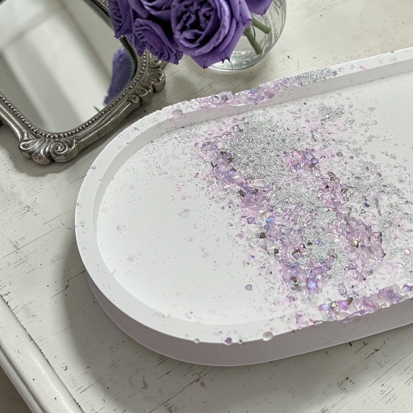 eco resin plaster Trinket tray oval shape with purple gemstone accents