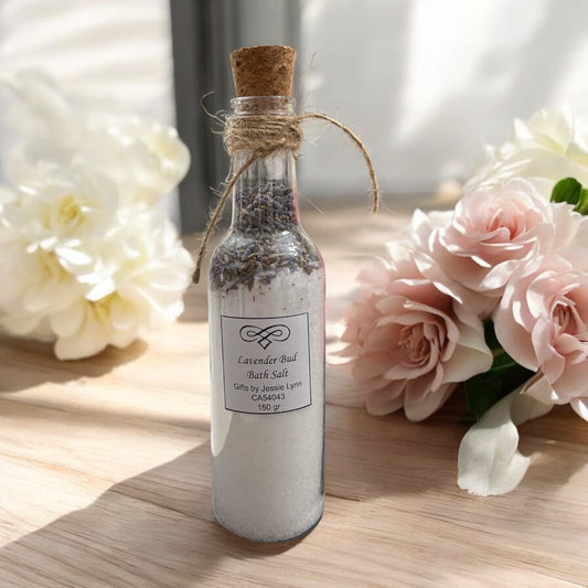 lavender bud bath salt in bottle with cork lid
