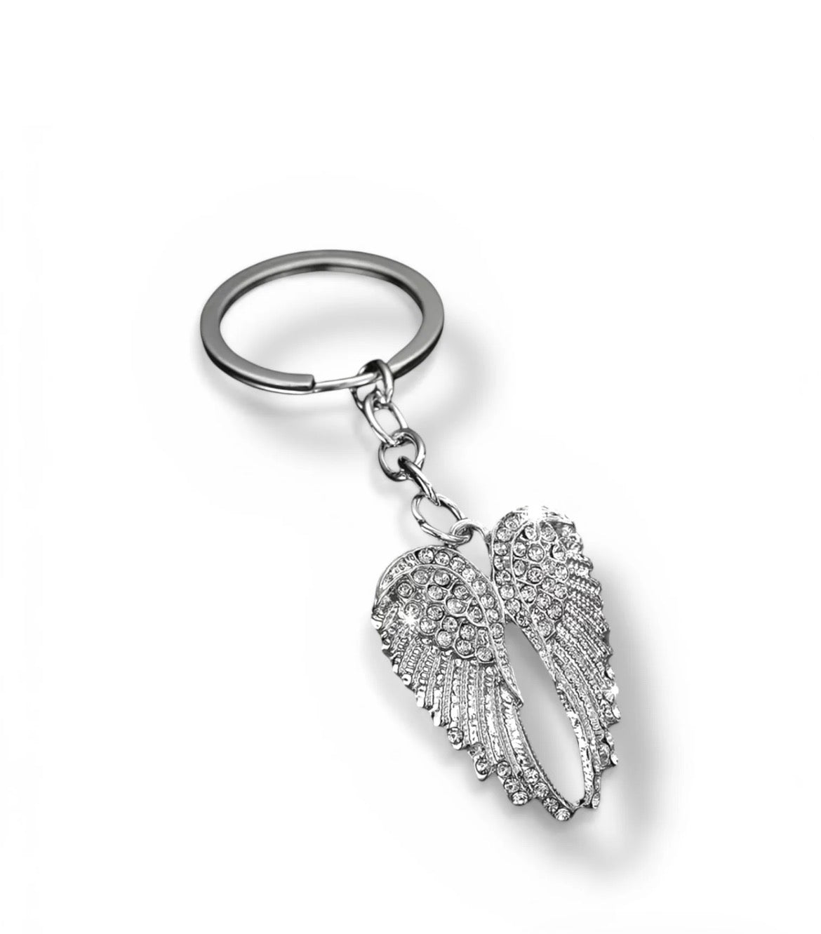 keychain angel wings silvery with rhinestone accents