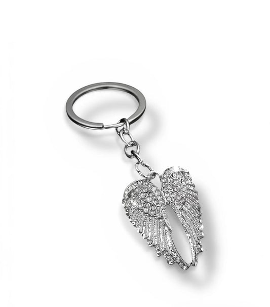 keychain angel wings silvery with rhinestone accents