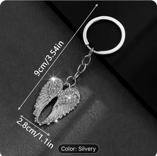 keychain angel wings silvery with rhinestone accents